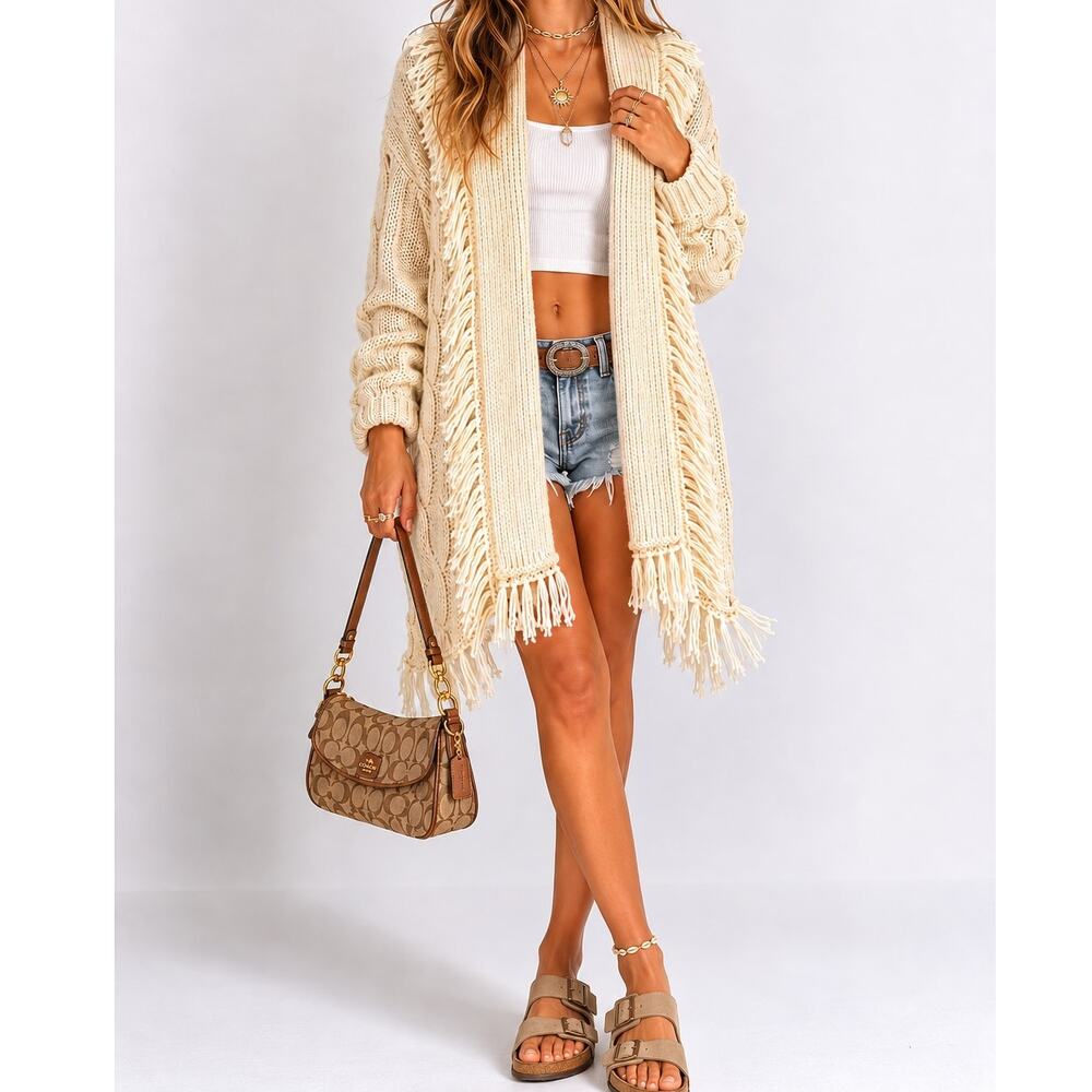 Some Days Lovin Fringe Boho Cardigan Sweater XS Cable Knit Chunky Western Cowboy